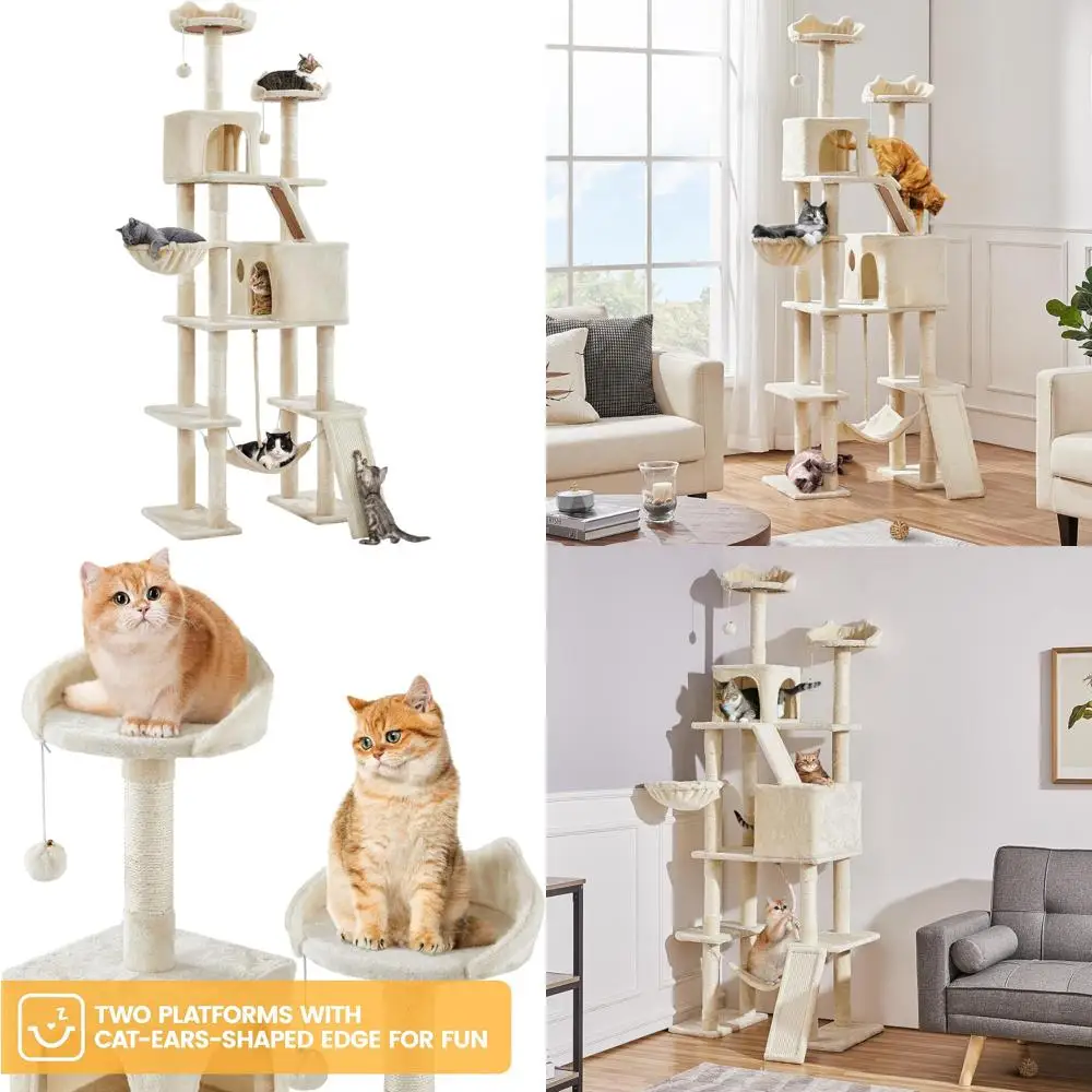 

Yaheetech 84,5-дюймовая высокая кошачья башня с гамаком, двойными ушными насестами, две уютные зона отдыха, когтеточки и корзина f