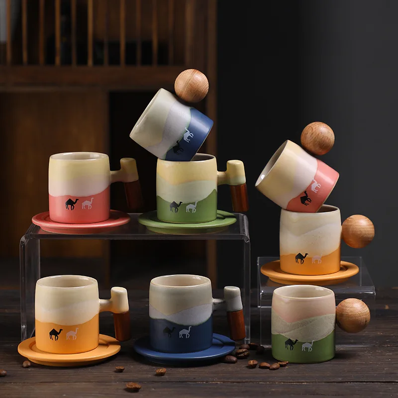 

Набор чашек для эспрессо ручной работы в деревенском стиле, Саудовская керамическая кружка для кофе с деревянной ручкой в стиле ретро