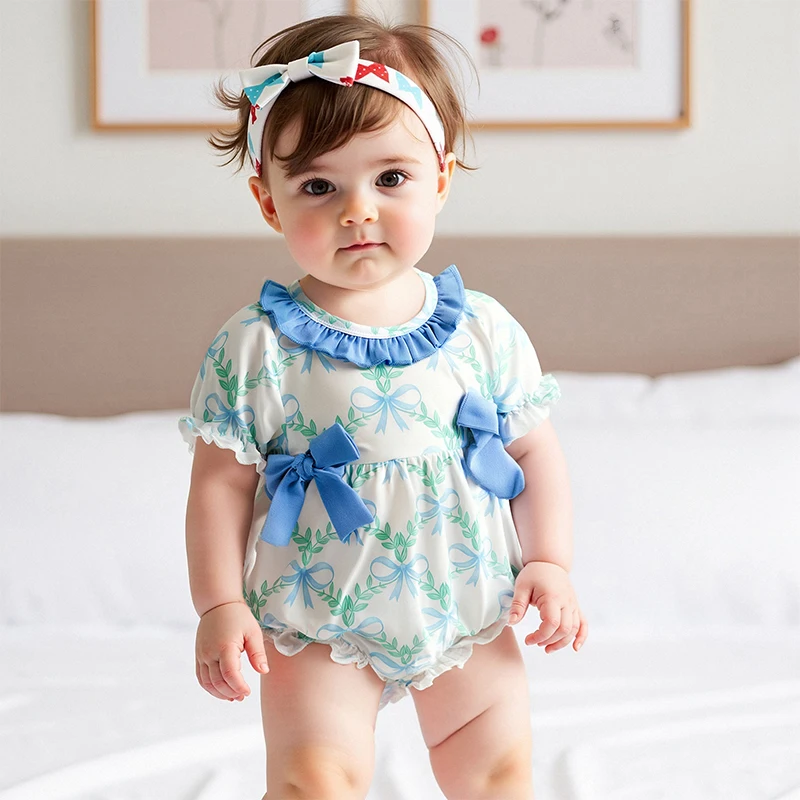 

Baby Girls Summer Romper Cute Clothes Casual Bow Print Round Neck Short Sleeve Newborn Jumpsuit for Toddler 0-18 Months