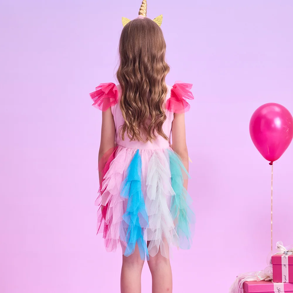 VIKITA Mädchen Bunte Regenbogen Flattern Ärmeln Sommer Kleid Kinder Schmetterling Blume Drucken Layered Tüll Mesh Prinzessin Tutu Vestidos – Detail 7