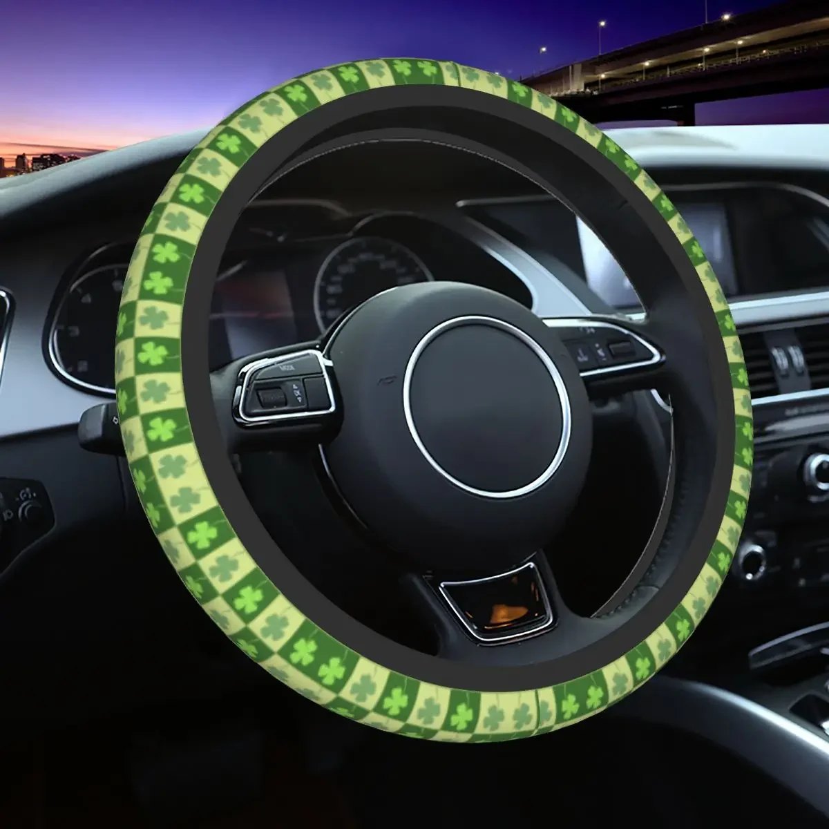 Four Leaf Clover Checkerboard Shamrock Steering Wheel Cover Blessing Saint Patrick Day Steering Wheel Protector Car Accessories