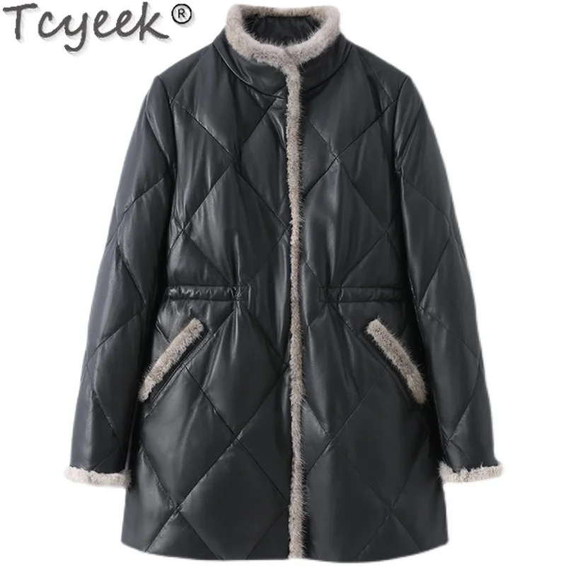 Tcyeek, abrigo de piel de oveja de cuero genuino para mujer, chaqueta de plumón de longitud media, chaquetas de invierno, chaqueta de cuero con Cuello de piel de visón, ropa de mujer