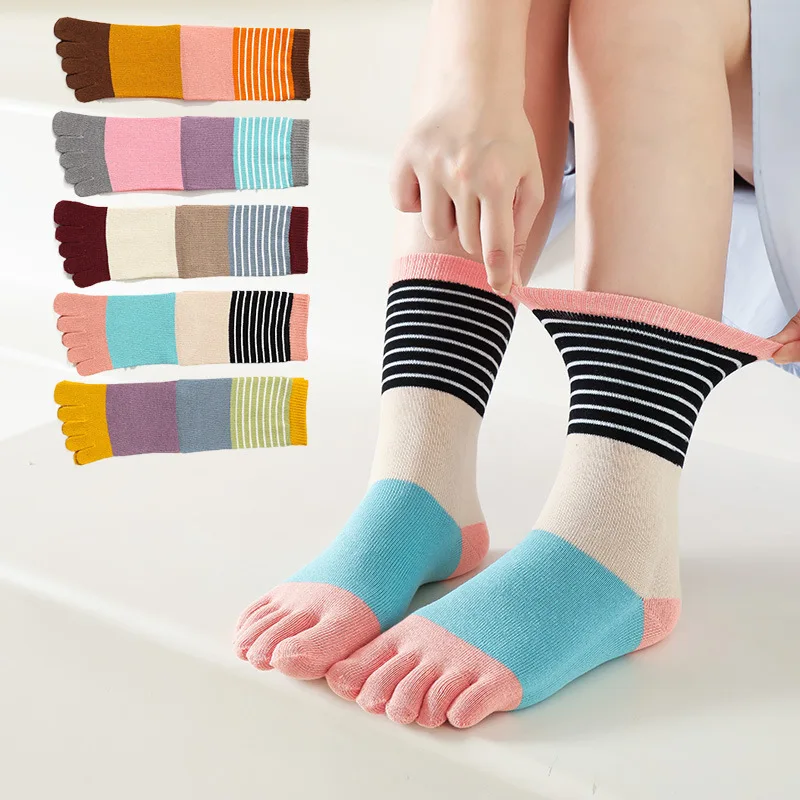 

5 Pairs Autumn and Winter New Five-toed Socks Casual Women High Tube Color Matching Strip Cotton Toe Socks