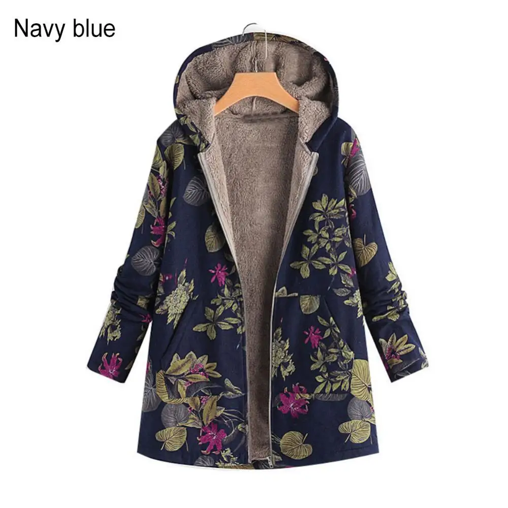 Autumn Winter Women Coat Flower Leaf Printed Warm Hooded Pocket Coat Zipper Overcoat Women's Clothing