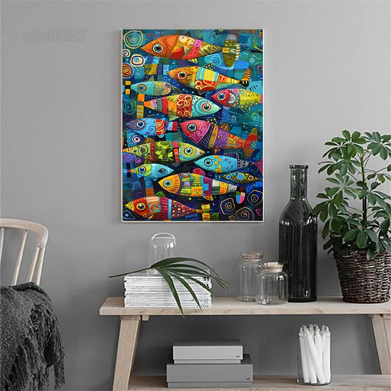 Vintage Fish Kitchen Wall Art Decor Mural Abstract Colorful Fish Art Canvas Prints Posters for Retro Home Kitchen Decor Pictures