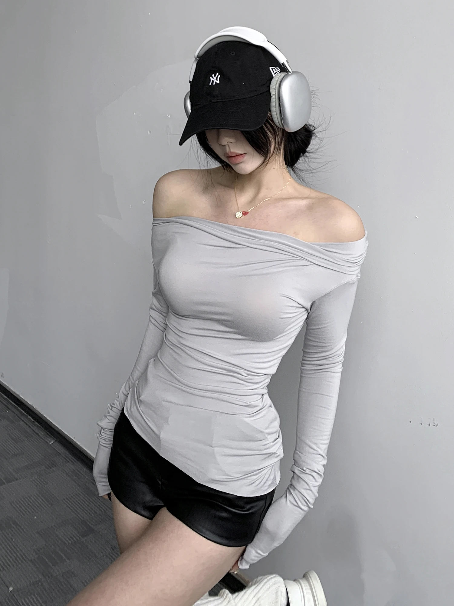 

Slim Fit Long Sleeve One Shoulder Base Shirt Women's T-shirt Exposing Clavicle Sexy Summer Top Cotton Rayon Spandex Blend