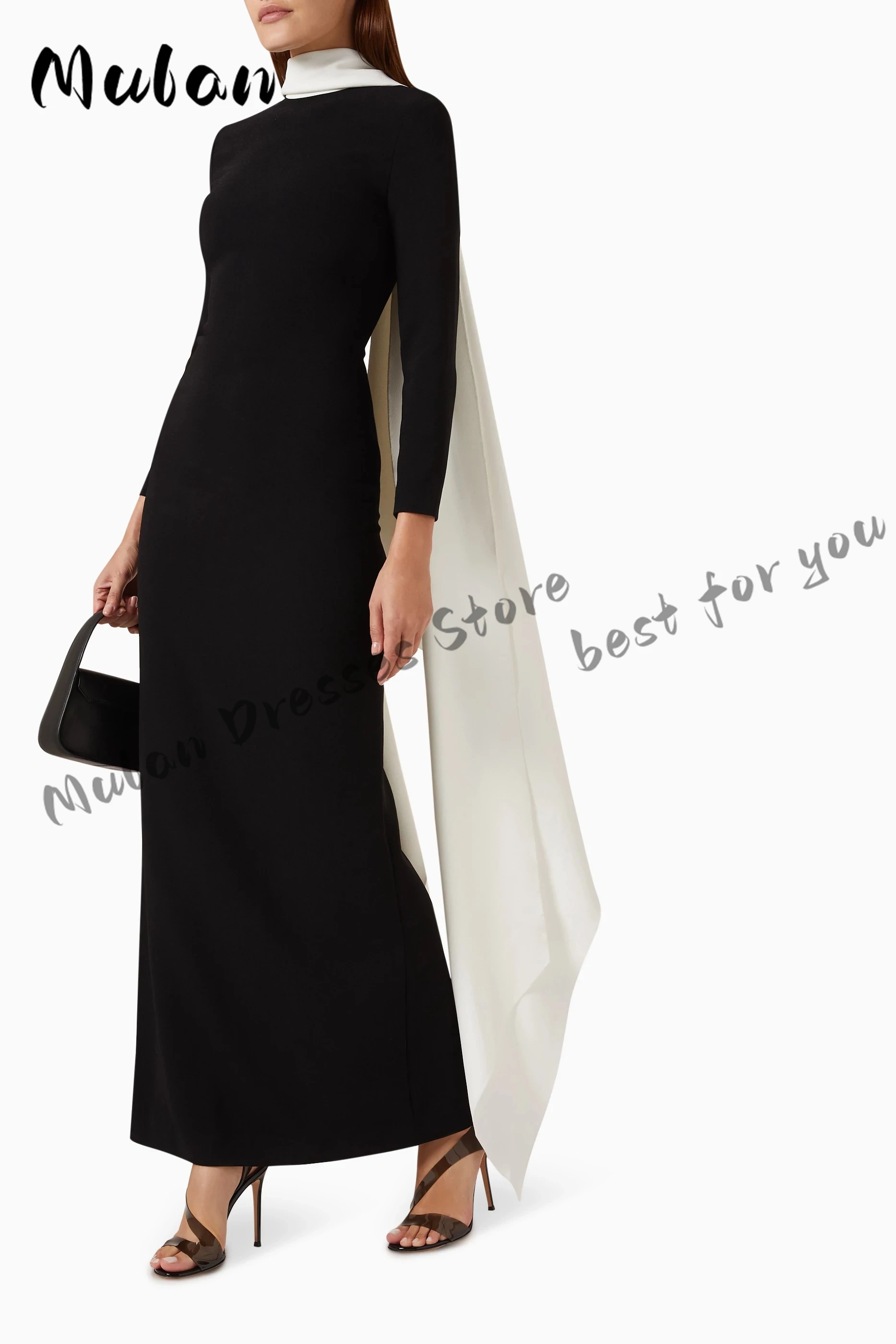 Black Long Sleeves Prom Dresses With Scarf Ankle-length Elegant Simple Evening Dress Formal Occasion Party Gown