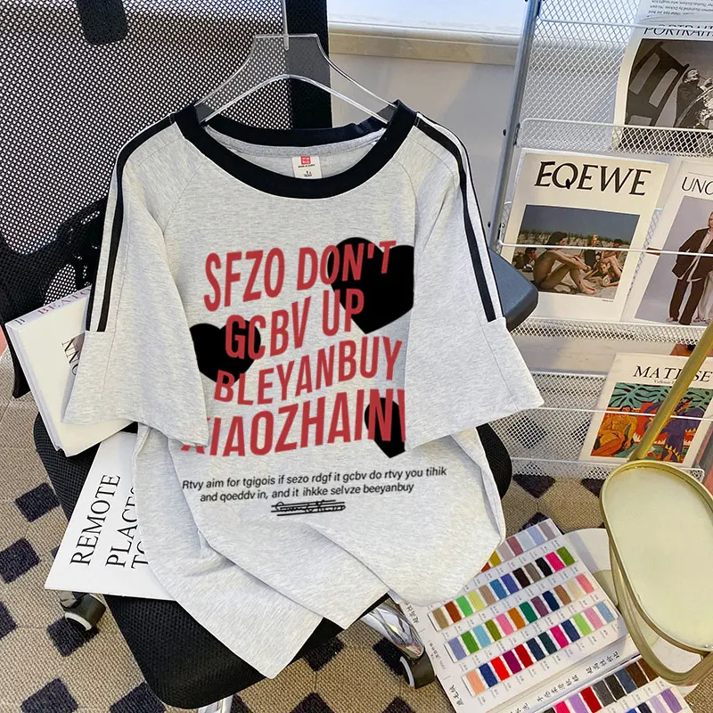 2024 Summer New Trendy Brand Design Sense Love Letter Print Three-pole Short Sleeve T-shirt Cotton Versatile Top