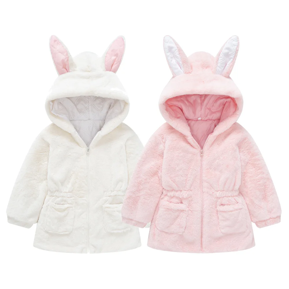 Girls1-6 years old Children's jacket Cute bunny ears Furry coat Solid color hooded cotton-padded jacket warm outside fluffy coat