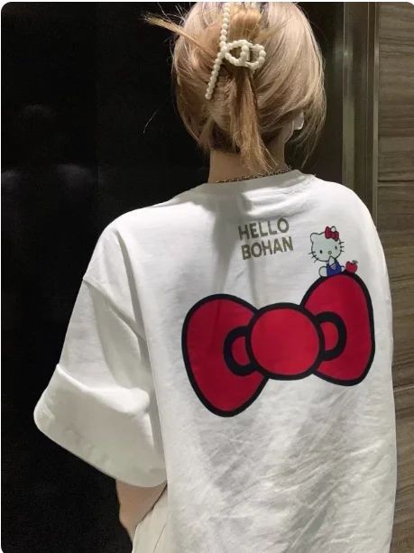 Miniso 2026 Hello Kitty bedrucktes weißes Kurzarm-T-Shirt für Damen, Sommer, neuer Stil, vielseitig einsetzbar für den täglichen Gebrauch, Kleidungsoberteil