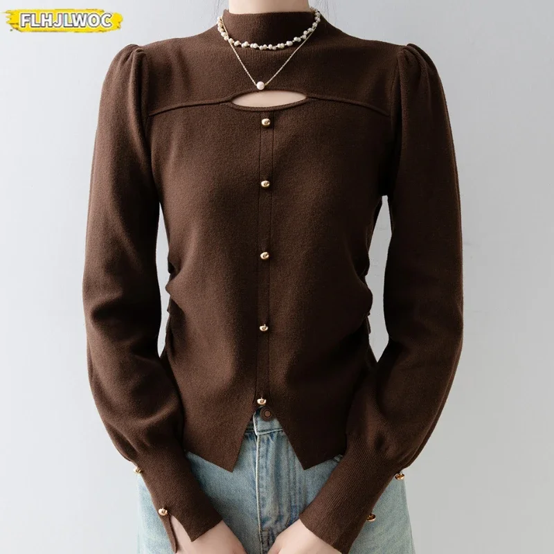 Nieuwjaar uitgeholde truien truien gebreide tops schattige zoete meisjes vrouwen winter lange mouw casual bling knop katoenen truien