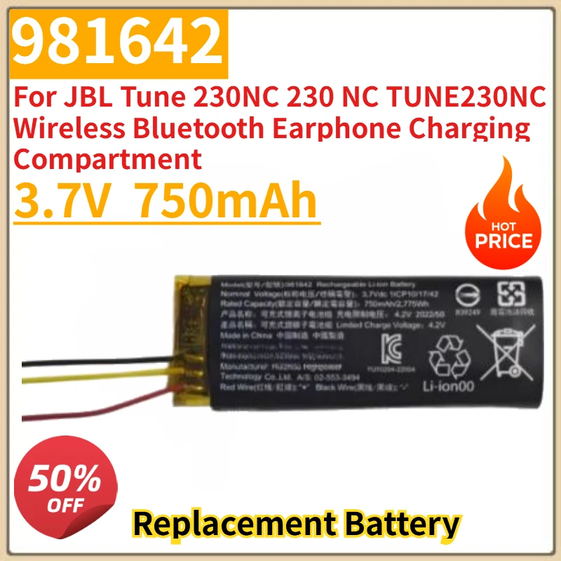New 981642 3.7V 750mAh Replacement Battery for JBL Tune 230NC 230 NC TUNE230NC Wireless Bluetooth Earphone Charging Compartment