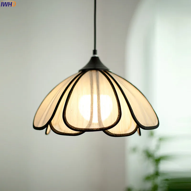 

IWHD Japanese Style Flower LED Pendant Light Fixtures Musa Hemp Lampshade Bedroom Living Room Beside Hanging Lamp Luminaria