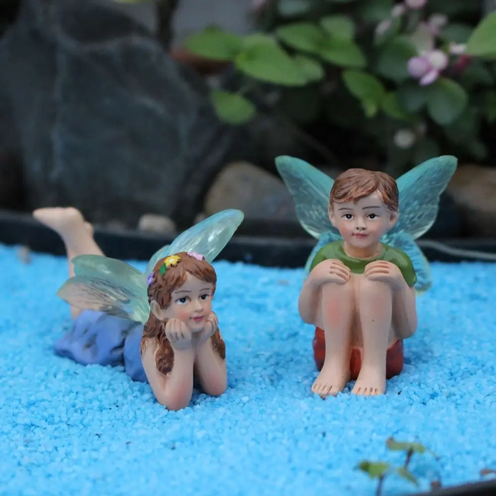 2pcs/set Boy Girl Fairy Garden Fairy Statue Creative Courtyard Terrarium Miniature Fairy Figurine Resin Craft Garden Accessories