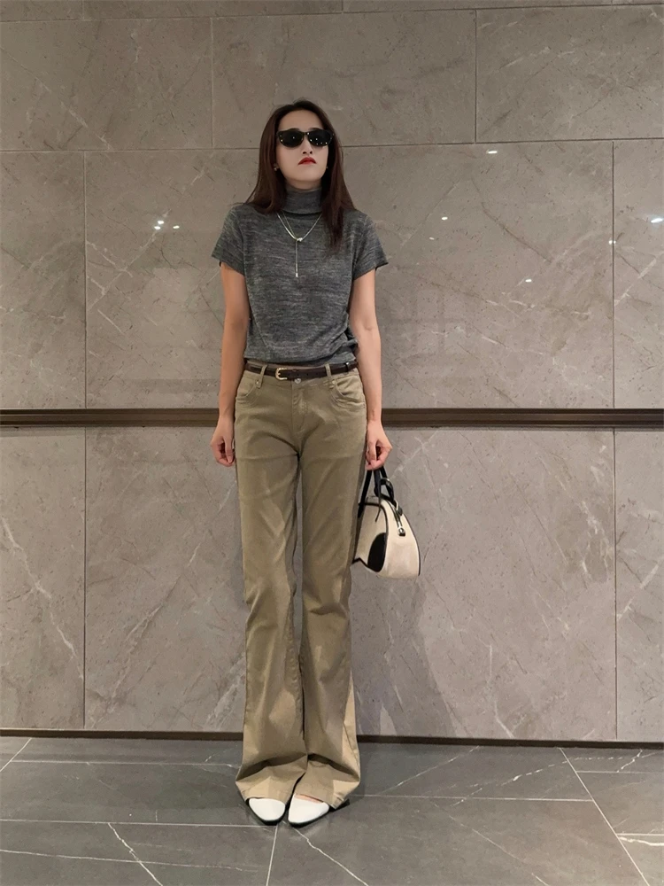 

SDNINEHOME Ретро повседневные эластичные облегающие прямые расклешенные джинсы с низкой талией, хлопковые женские джинсы с застежкой-молнией