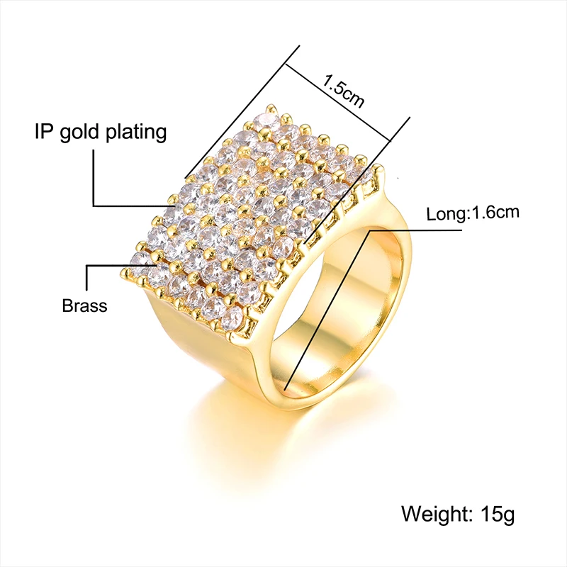 D&Z Fashion Classical Ice Out Cubic Zirconia Square Brass Ring for Men Waterproof Anti-corrosion Hip Hop Party Jewelry Gift