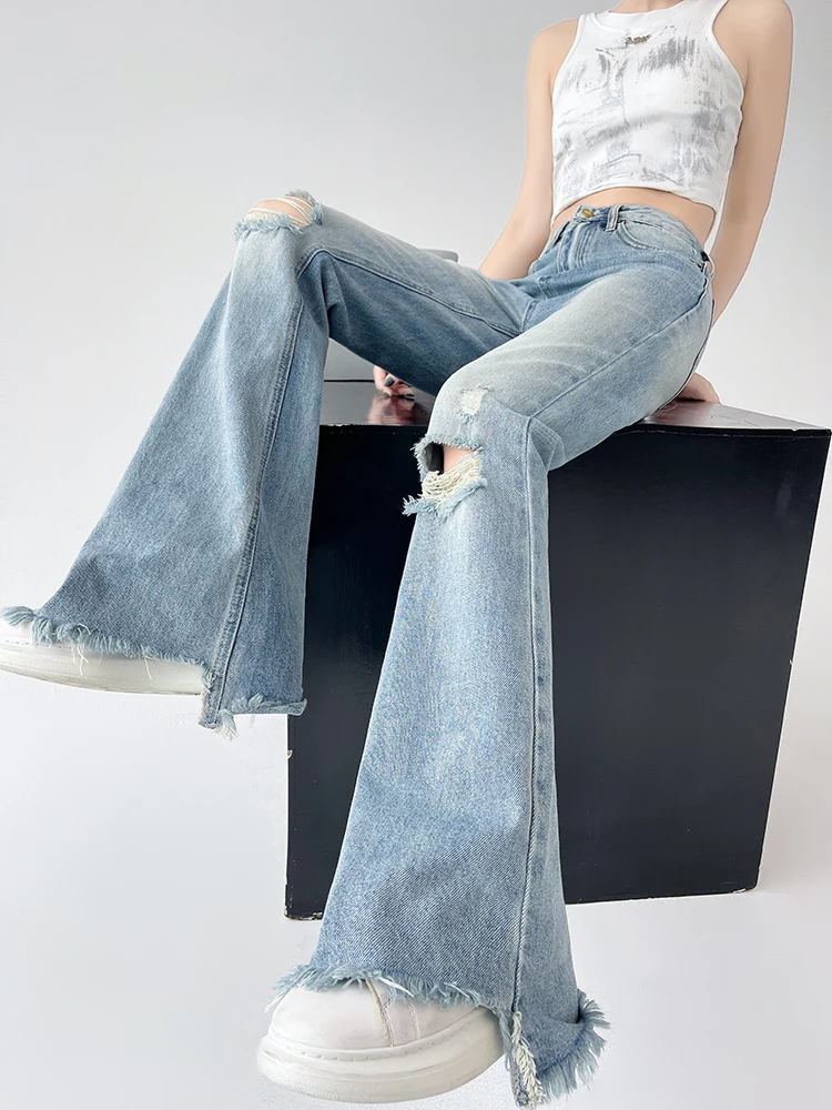 Vintage Light Blue Washed Holes Ripped Tassel Jeans Women Slim-Fit Flare Pants High Waist Trousers Y2K Streetwear Denim Pants