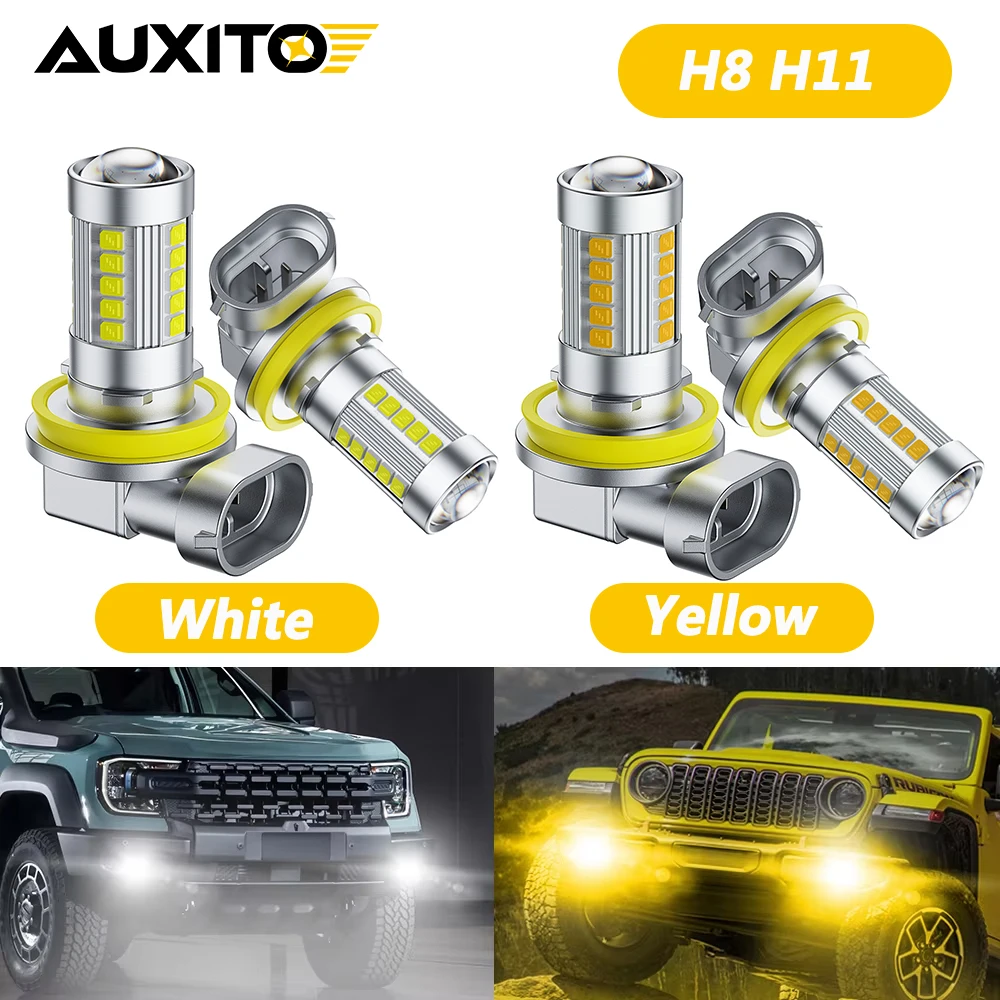 2Pcs H11 H8 H9 H16JP White/Yellow Fog Bulbs LED Canbus For Peugeot Citroen Renault Hyundai Kia 12V Projector Lamp With Lens 360