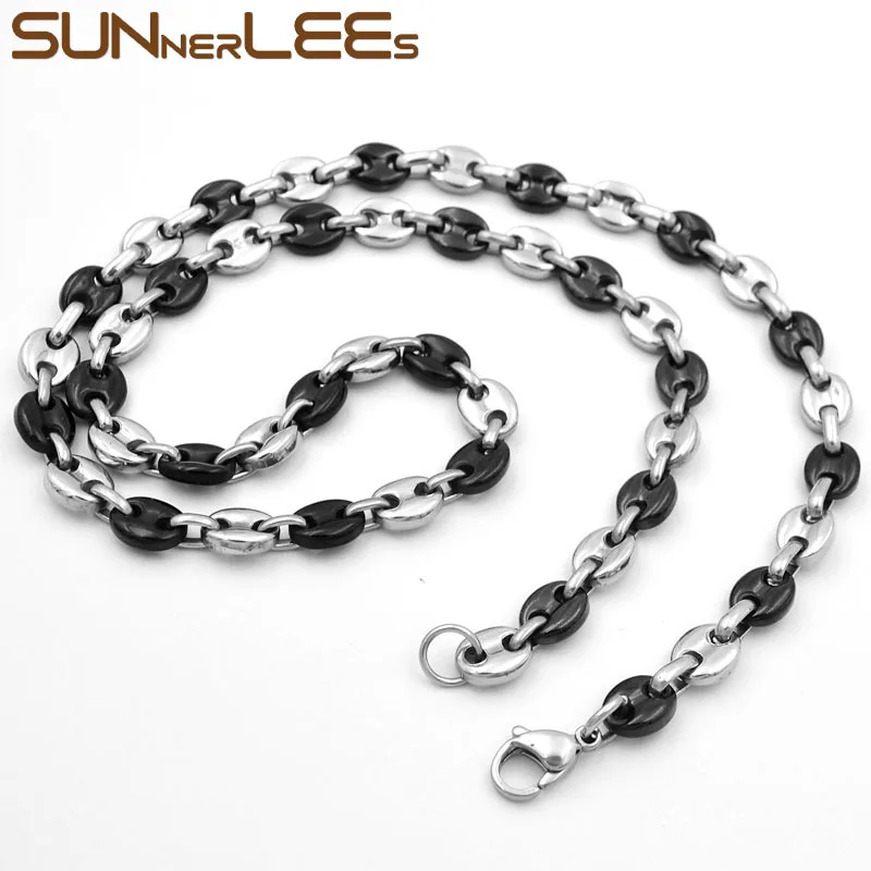 SUNNERLEES 316L Stainless Steel Necklace 5~11mm Coffee Beans Link Chain Gold Black Silver Color Men Women Jewelry Gift SC13