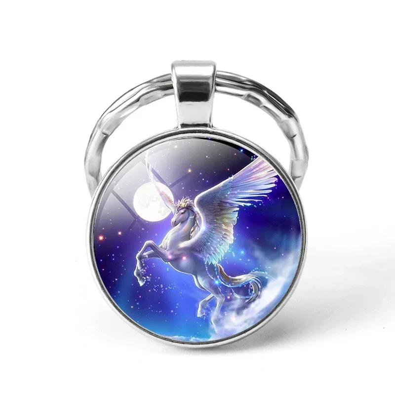 Single Sided Circular Keychain Pegasus Art Photo Oil Painting Yearning for Freedom Horse Lovers Decorating Keychain