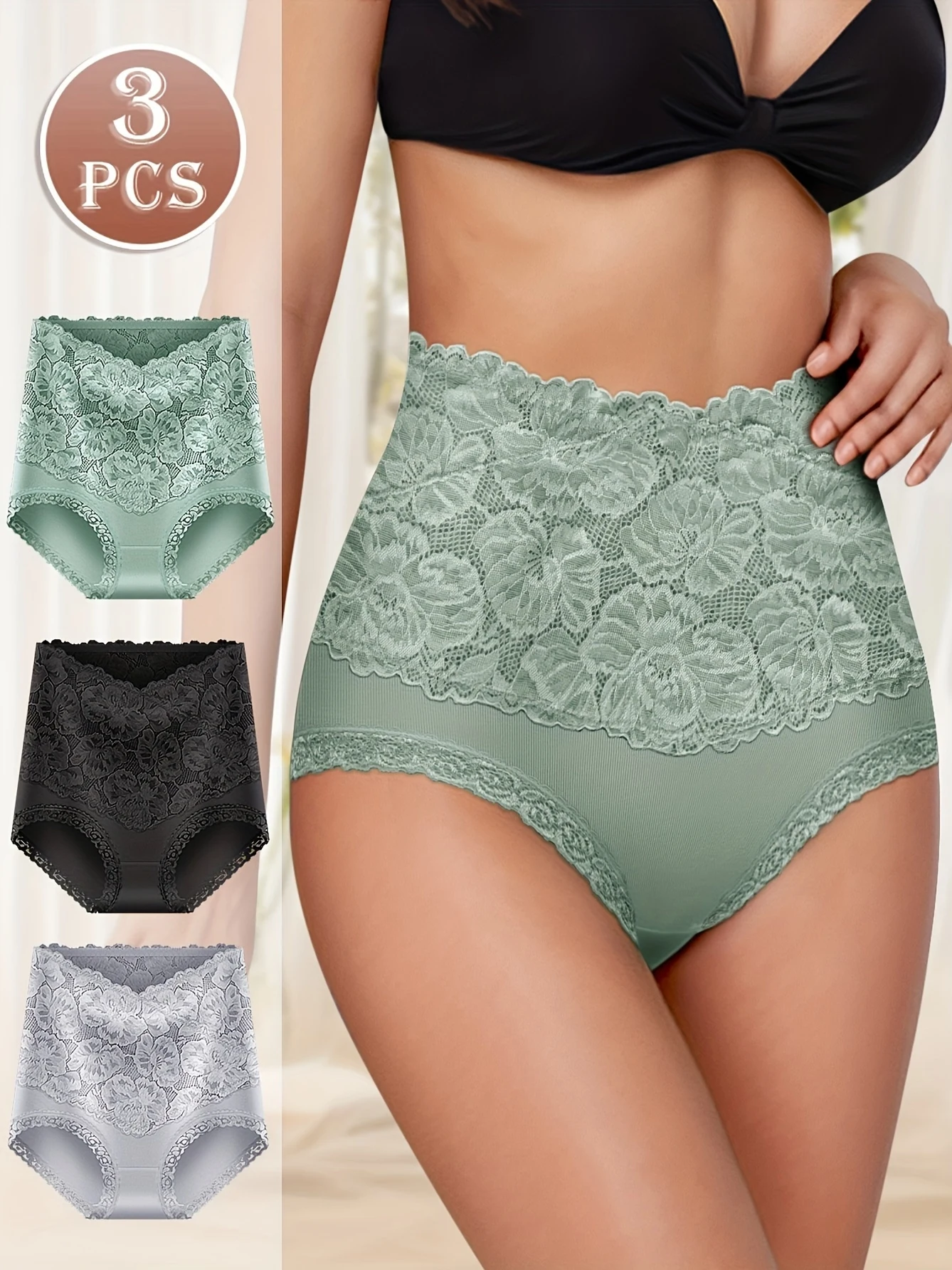 3-teilige Damen-Unterwäsche zur Bauchkontrolle mit hoher Taille – bequeme Passform in Übergröße mit Jacquard-Muster, dehnbarem Spitzenbesatz und Po-Lifting