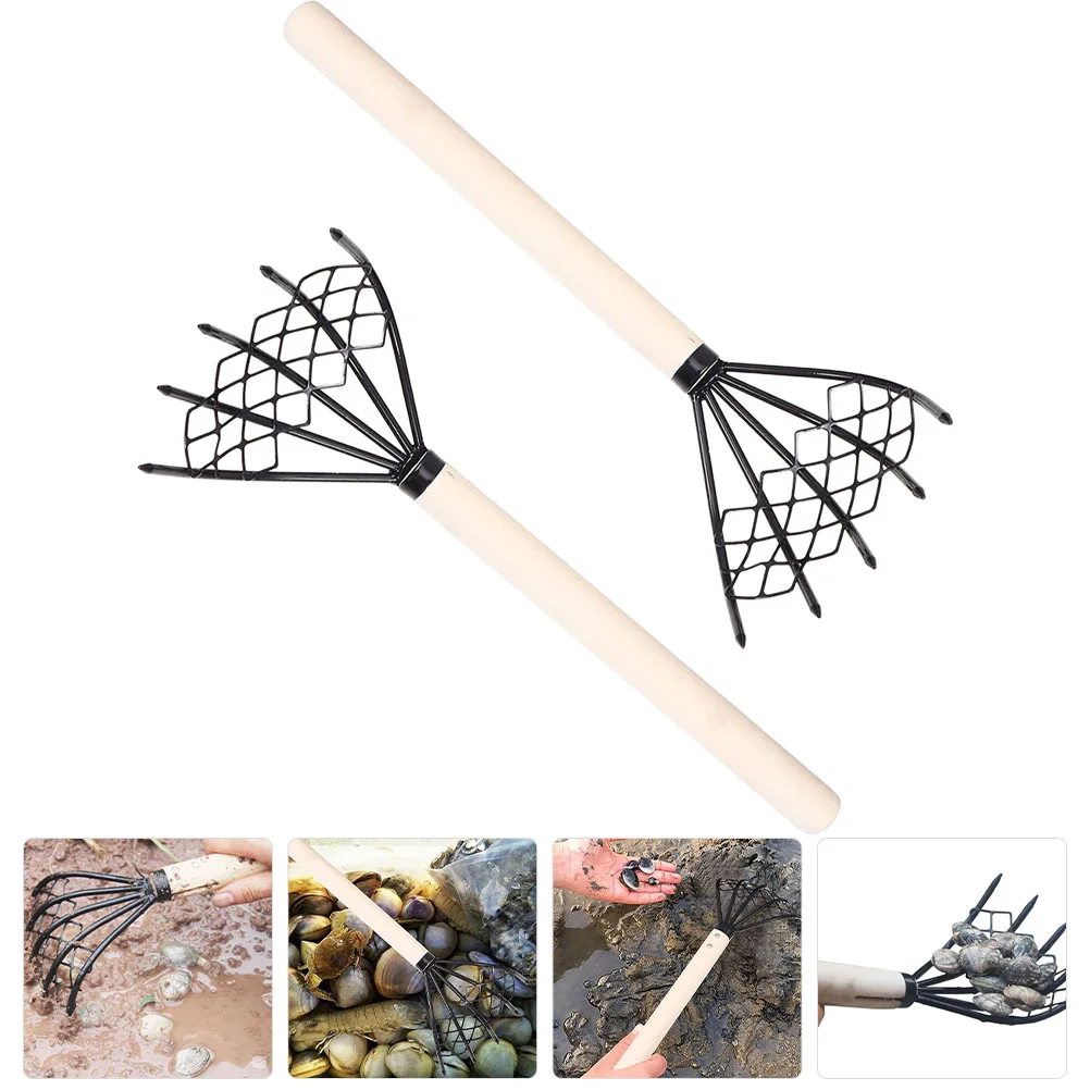 

2 Pcs Clam Rake Sea Shell Claw Home Digging Tool Rakes Wooden Beach Metal Portable