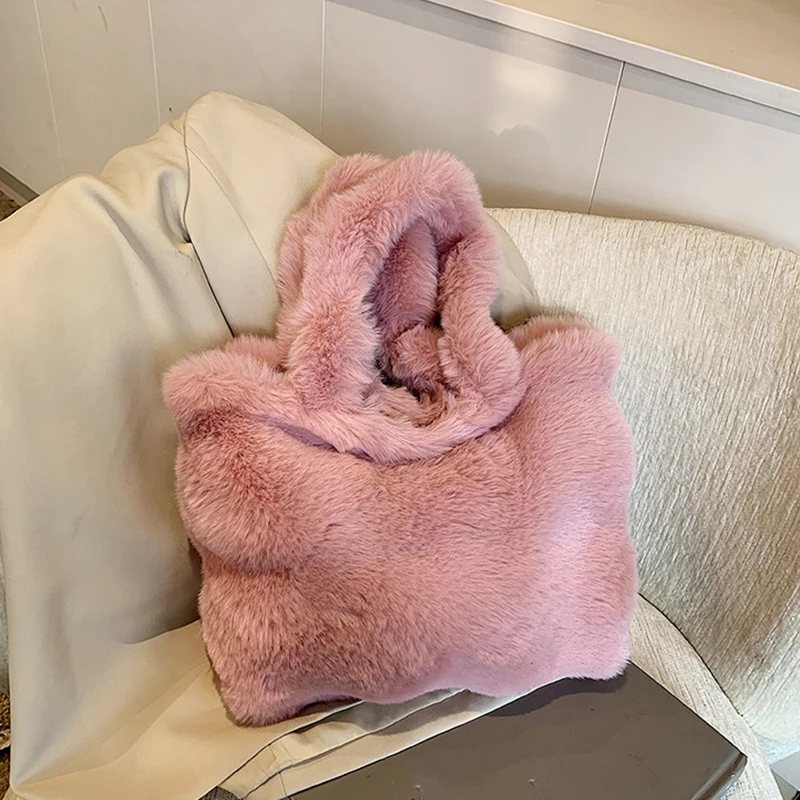 Flauschige Umhängetaschen für Damen, Handtasche mit Griff oben, Plüsch-Einkaufstasche, einfarbig, vielseitig, Pendler, Herbst, Winter, neu