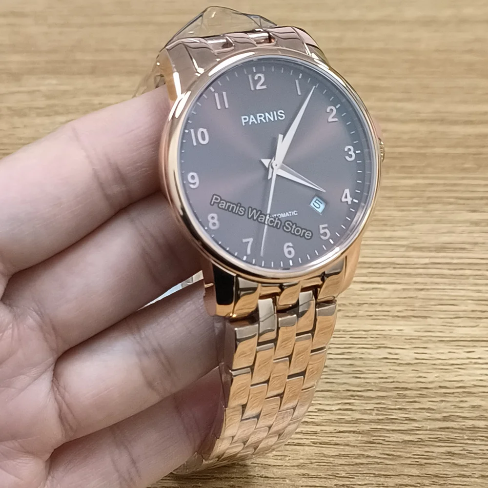 Parnis 38 mm automatico color oro rosa orologio casual da uomo in vetro zaffiro indicatore della data