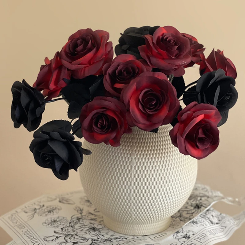 5pcs Black&Red Artificial Rose Flowers Branch Gothic Fake Flower Bouquet for Home Wedding Party Halloween Decor