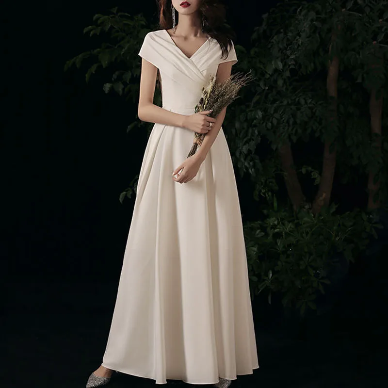 

2024 Summer Solid Color High-grade New Women Noble Temperament Slim Corset V-neck Short Sleeve Appear Thin Evening Dresses