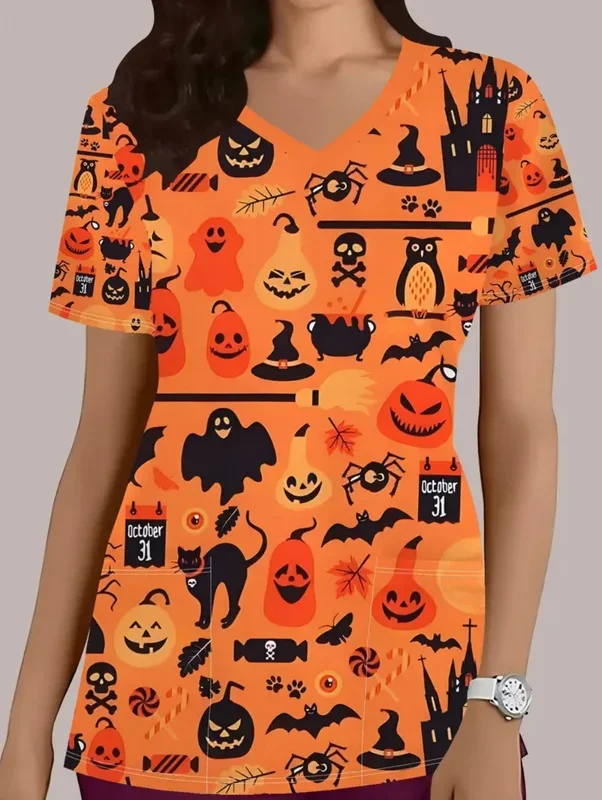 Damen-T-Shirt mit Cartoon-Motiv, Halloween-Medizin-Uniform, kurzärmelig, für Zahnärzte und Krankenschwestern, Arbeitsuniform mit Taschen, klinische Uniform. – Detail 2