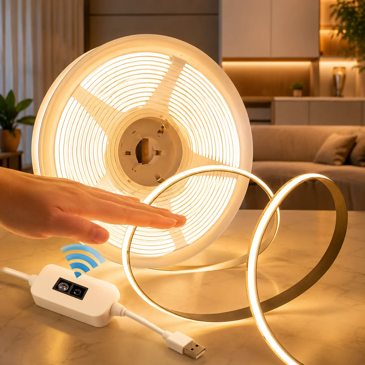 COB LED-Streifenleuchte 5V USB mit Handbewegungssensor-Schalter & Druckschalter 1M-5M Bandlampe Dimmbare Flexible Beleuchtung für Raumbeleuchtung
