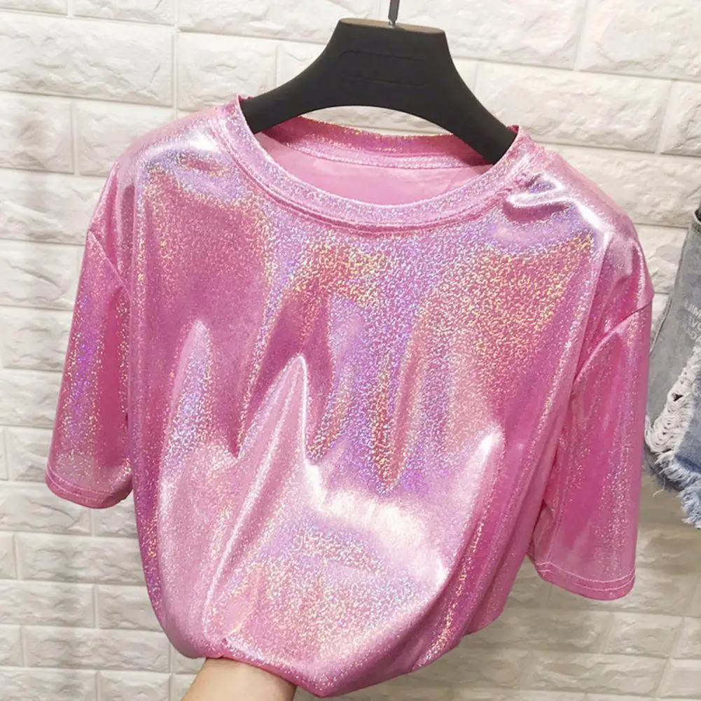 

Women Performance T-shirt Round Neck Short Sleeve Loose Fit Glittery Reflective Tee Shirt Party Dance Pullover Tops