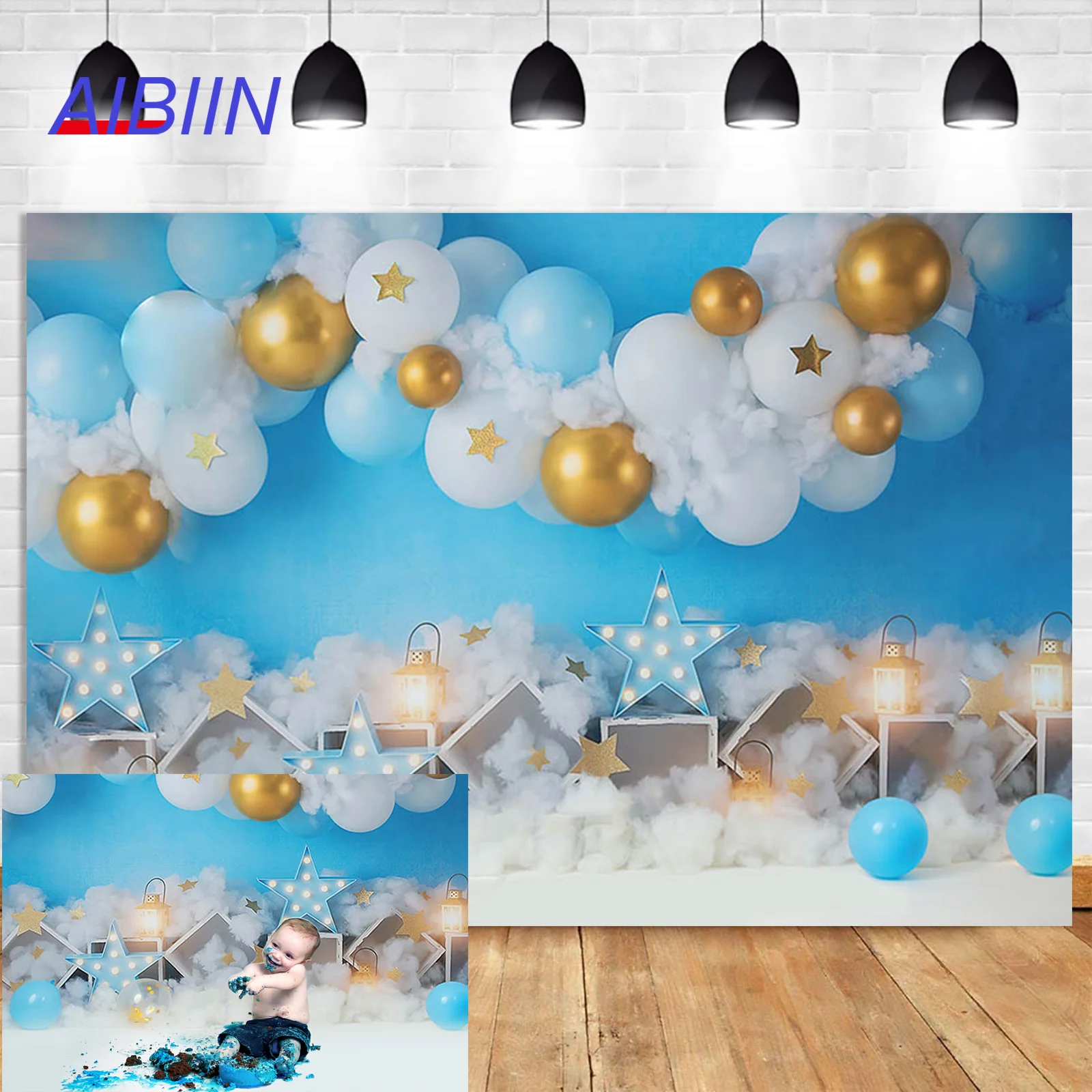 Boy Baby Shower Kids Background for Photography Blue and Gold Balloons Stars Cloud Cake Smash Birthday Party Backdrop Decor