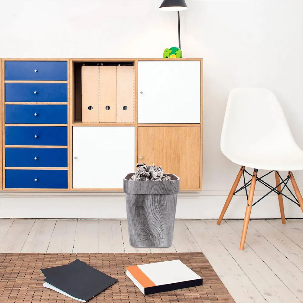 Wood Grain Trash Can Modern Stylish Plastic Waste Basket for Kitchen Bathroom Bedroom Living Room Office Household Garbage