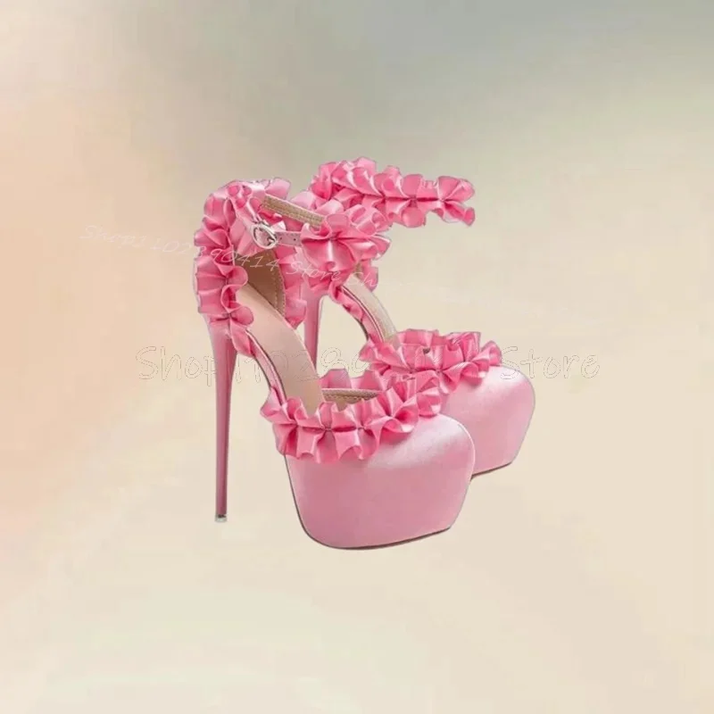 

Pink Pleated Ruffles Round Toe Platform Pumps Ankle Buckle Strap Women Shoes Thin High Heels Banquet 2025 Zapatos Para Mujere