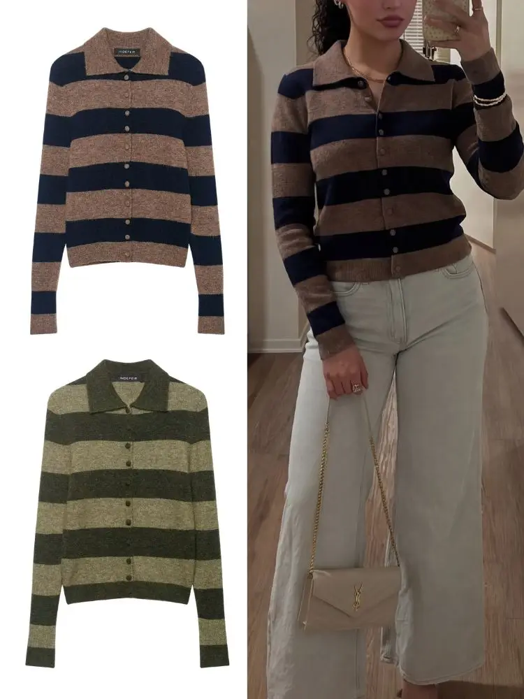 

Женский вязаный кардиган в полоску HH Spring Fashion 2026: Элегантная женская кофта с длинным рукавом, однобортная, с воротником поло