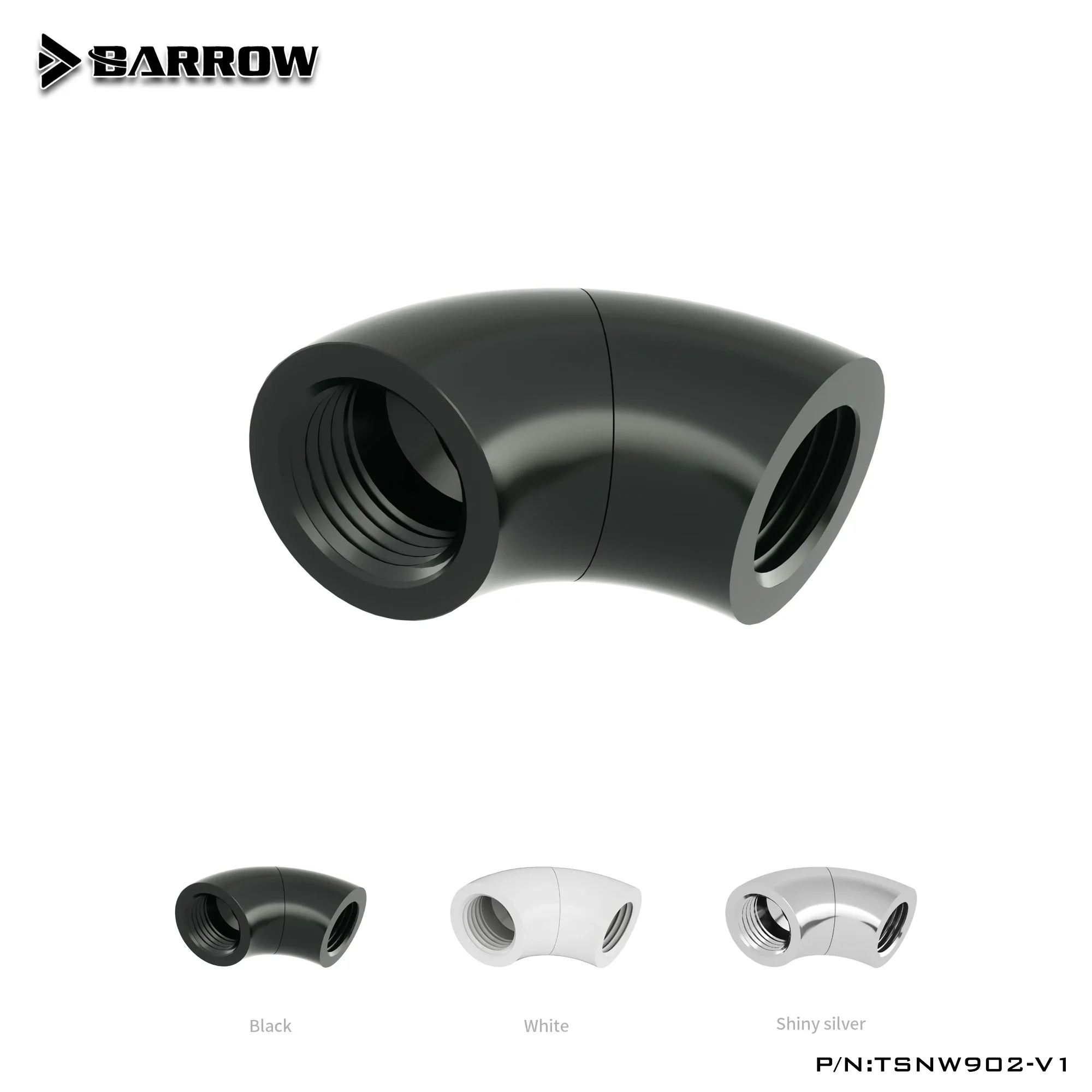 

Barrow TSNW902-V1 G1/4, черный, серебристый, 90 градусов, двойной женский, вращающийся на 360 градусов разъем водяного охлаждения, латунь