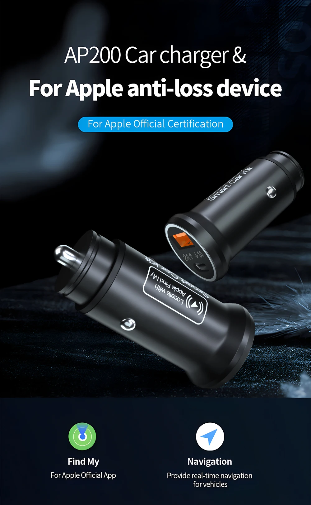 AKAMATE Autoladegerät USB Typ C QC3.0 mit iPhone GPS Locator Tracker für Apple Offizielles Find My App 20W Schnellladegerät 2 in 1 – Detail 5