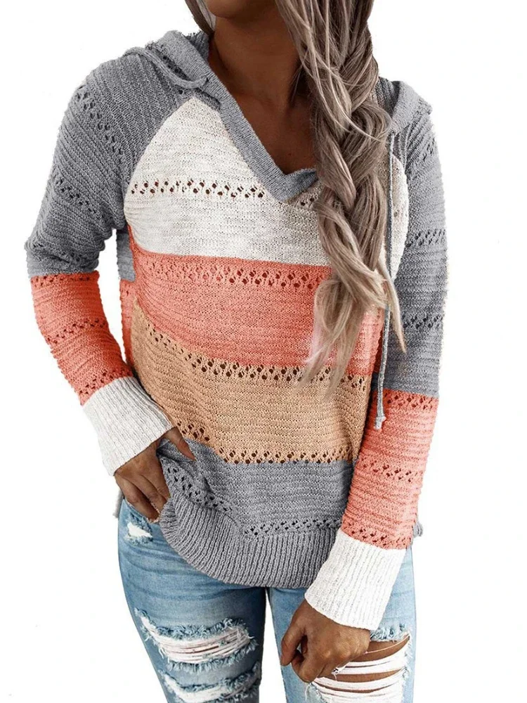 Women Patchwork Hooded Sweater Casual Long Sleeve Knitted Sweater Top Striped Elegant Pullover Jumpers Autumn Winter Plus Size