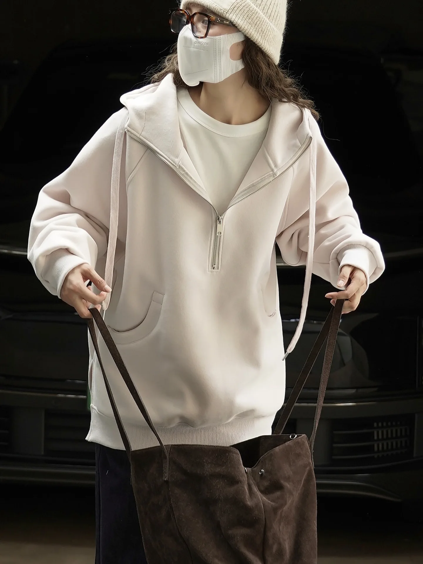 Moda Bai Dai media cremallera bolsillo curvo sudadera con capucha casual envejecido superior para mujeres