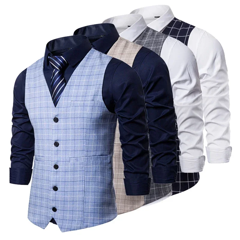 Men\'s Plaid Business Suit Vest Fashion Waistcoat Male Wedding Party Dress Tops Casual Clothing