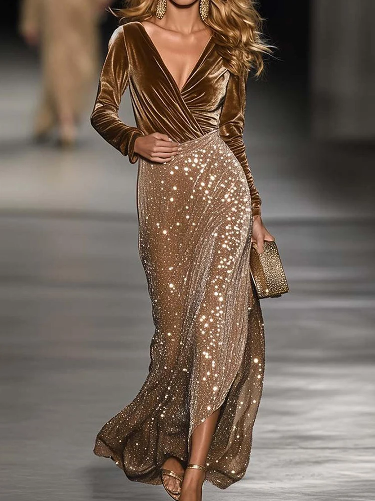 

Женский комплект из двух предметов: топ с глубоким V-образным вырезом и длинными рукавами, юбка макси с пайетками, модный уличный наряд в стиле пэчворк для весны и лета