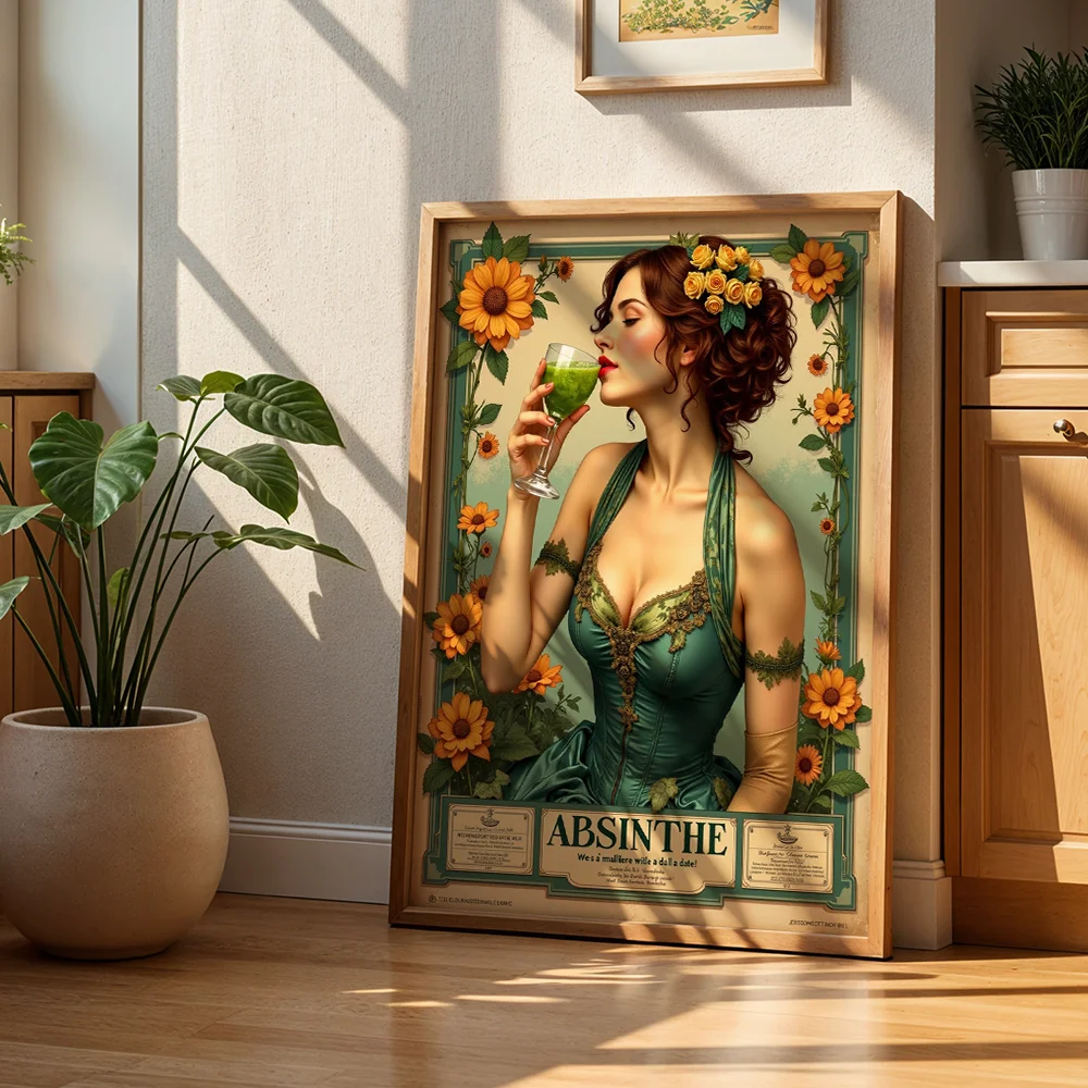 Vintage Absinthe Lady Floral Canvas Poster Wall Art,2D Print Plant Poster,Aesthetic Gift For Living Room & Bedroom