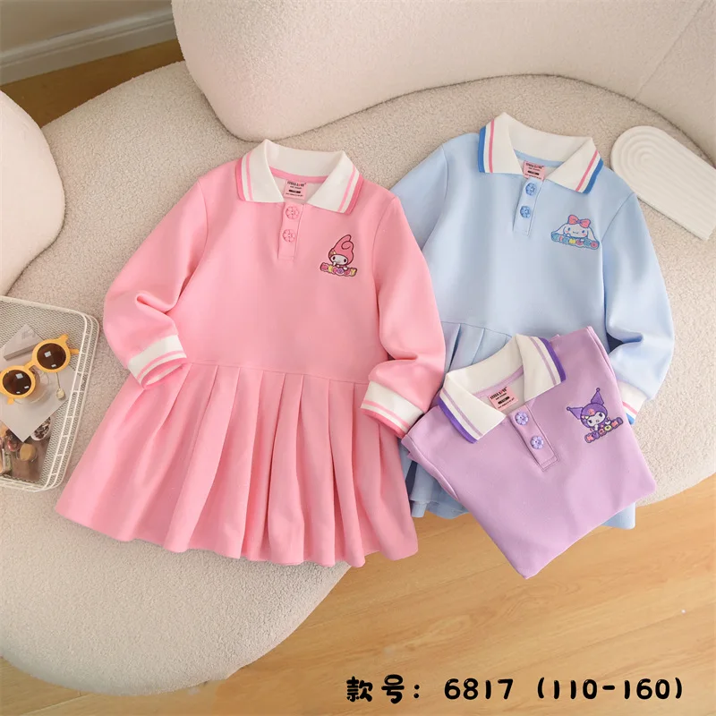 

2024 Girl Kuromi My Melody Cinnamoroll Dress Sanrio Kawaii Anime Autumn Children Cartoon Cute Polo Collar Pleated Skirt Kid Gift