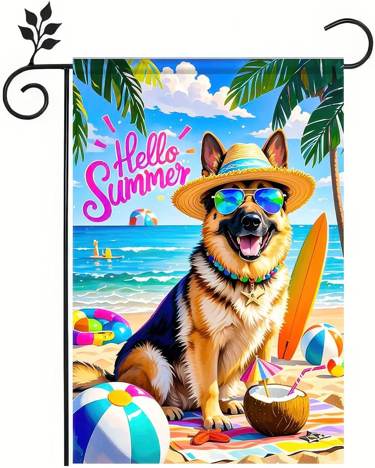Hello Summer Beach Garden Flag German Shepherd Dog Tropical Beach Flag 12x18 Inch Double Sided Yard Small Flag For Outside H LLE