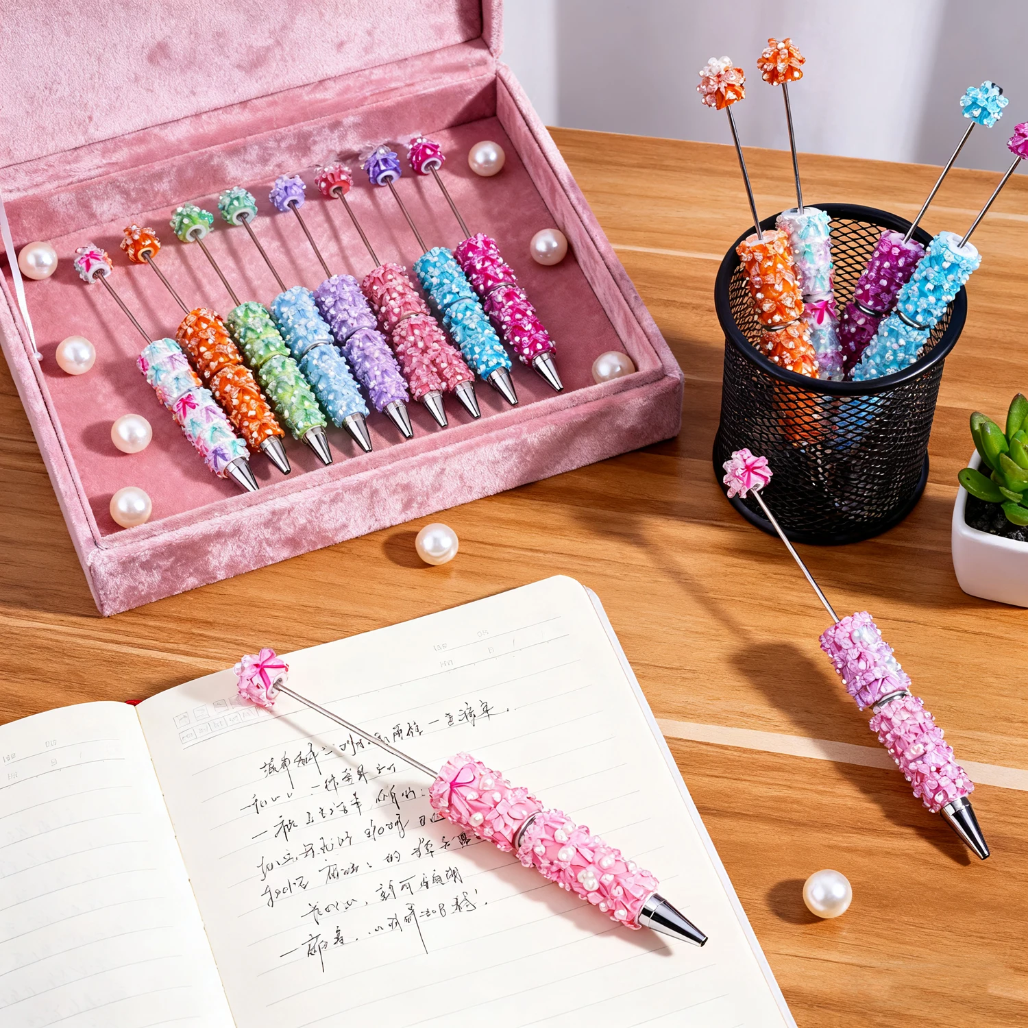 24Pcs DIY Bead Pen Ballpoint Pen – Pearl-Studded Cute Bead Pen with Bow Accent, Great for Gifts, Planners, Craft Sets