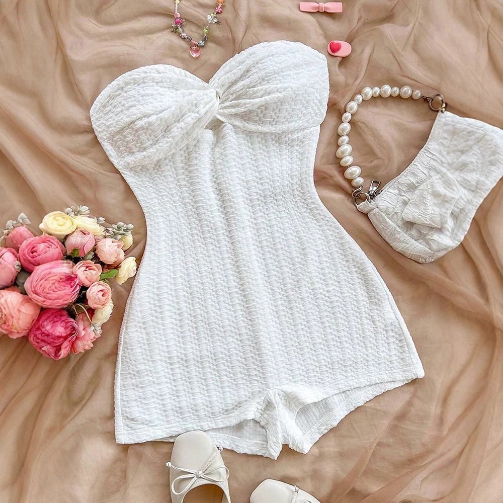 

Jumpsuits Summer Sexy Plain Rib Knit Cross Sleeveless Sweetheart Neck Nipped Waists Basics Jumpsuits For Women