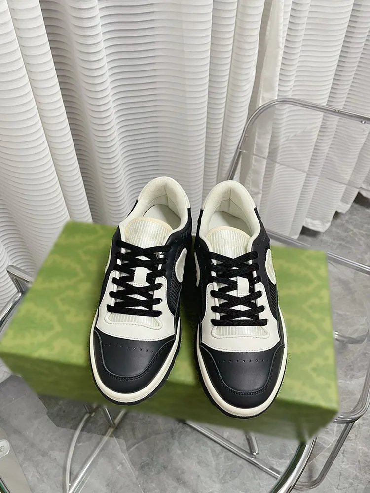 Little White Shoes Couple Round Toe Lace Up Flat Heel Sports and Casual Shoes Fashion Genuine Leather Color Block Shoes