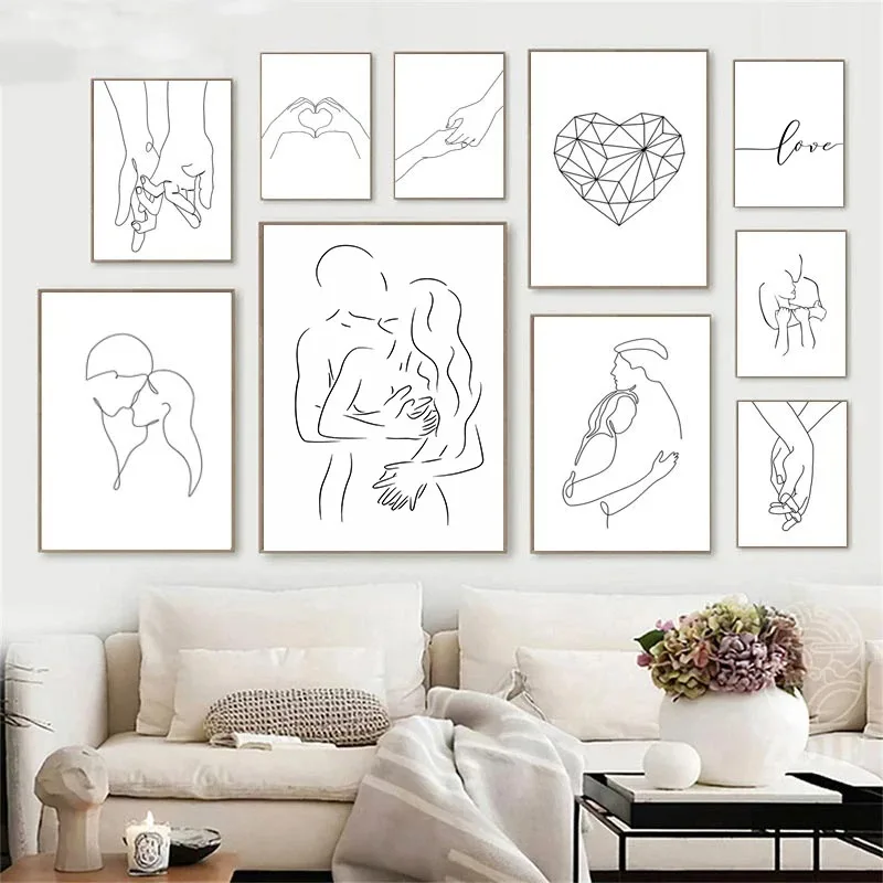 Black White Couple Line Wall Art Canvas Painting Line Drawing Hand Love Kiss Posters and Prints Nordic Picture Living Room Decor